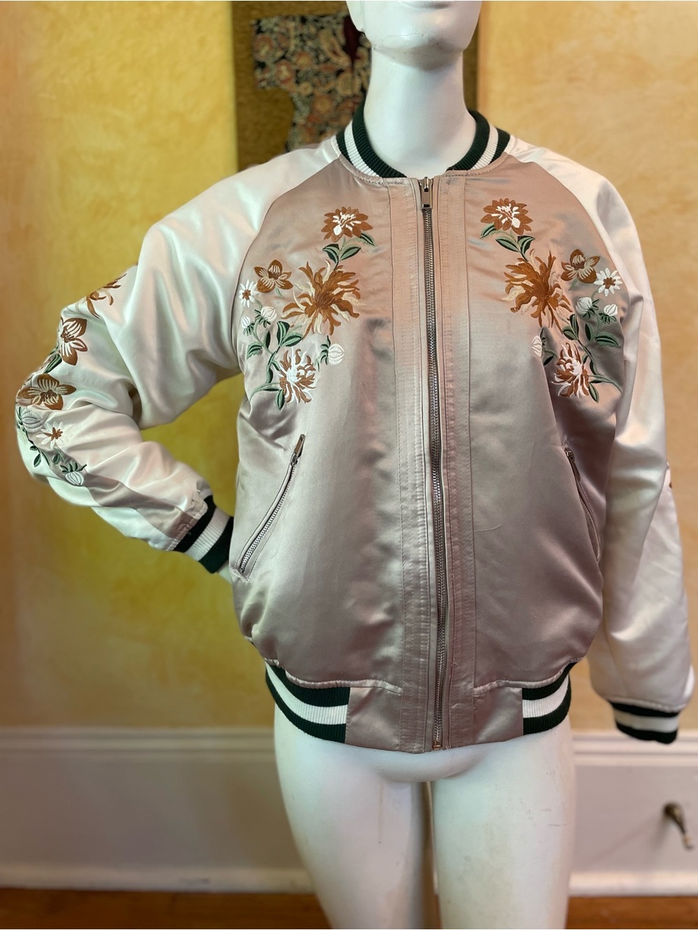 Forever 21 champagne Satin Floral Embroidered Bomber Jacket